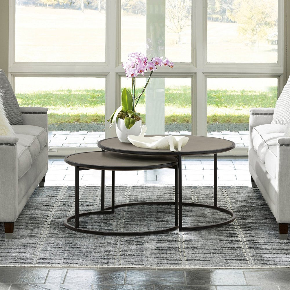 Set of Two 32" Gray And Black Concrete And Metal Round Nested Coffee Tables HomeRoots