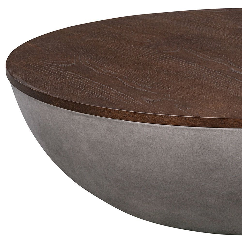 48" Brown And Gray Solid Wood And Concrete Round Coffee Table — view 9