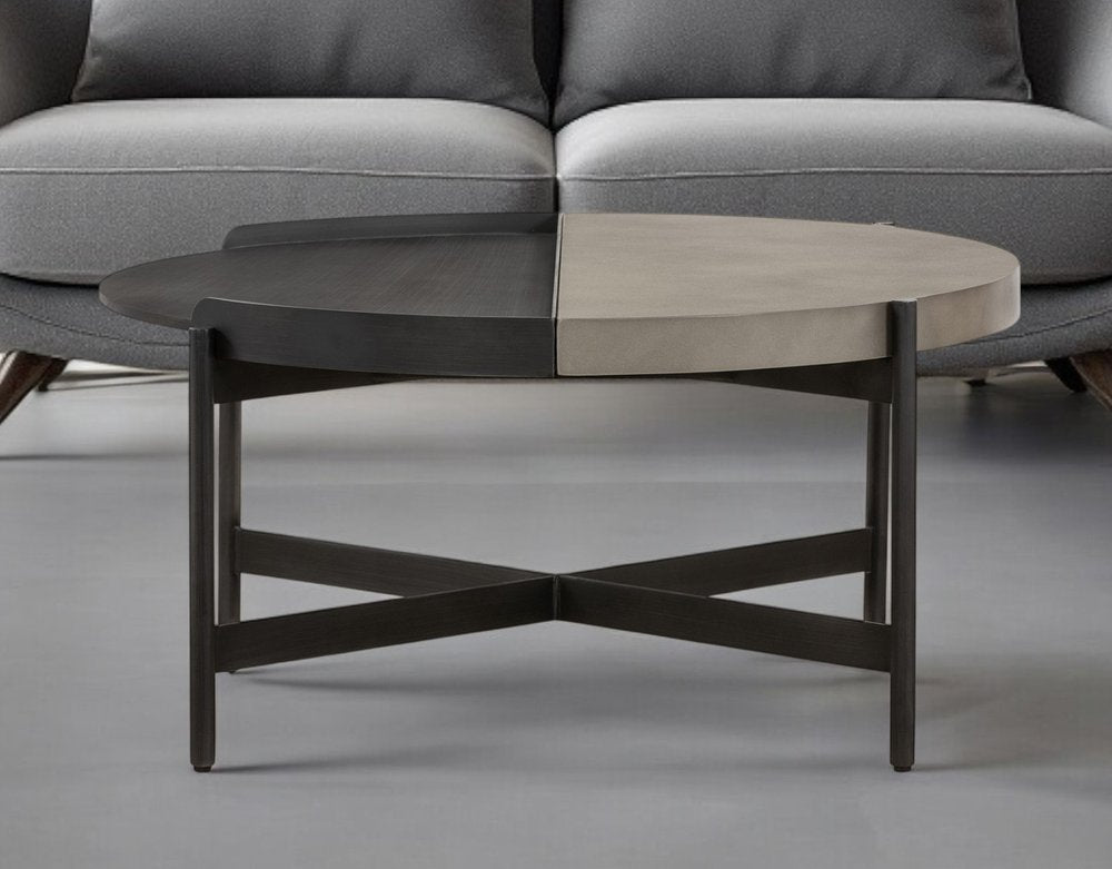 32" Gray And Black Concrete And Metal Round Coffee Table HomeRoots