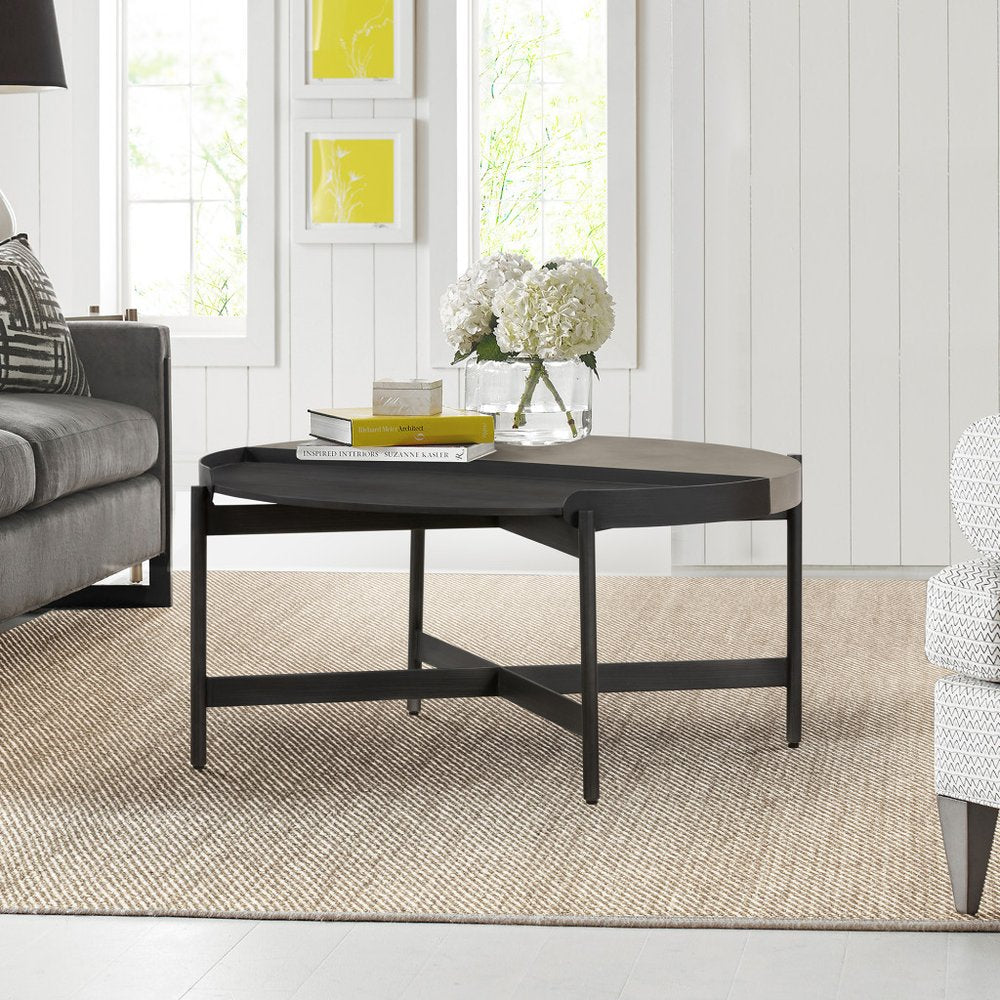 32" Gray And Black Concrete And Metal Round Coffee Table HomeRoots