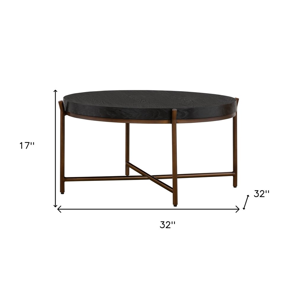 32" Black And Brown Solid Wood And Metal Round Coffee Table HomeRoots