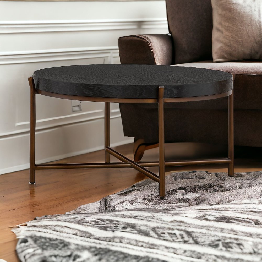 32" Black And Brown Solid Wood And Metal Round Coffee Table HomeRoots