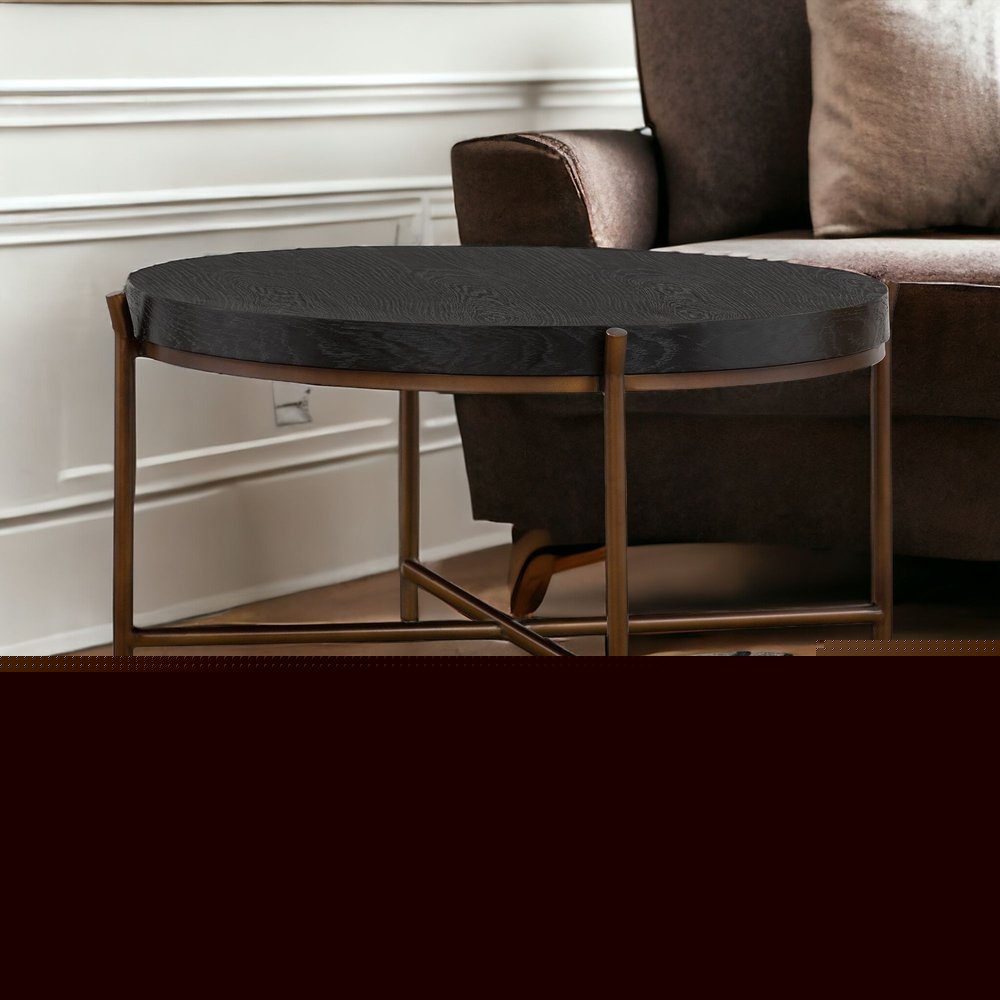 32" Black And Brown Solid Wood And Metal Round Coffee Table HomeRoots
