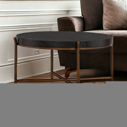 32" Black And Brown Solid Wood And Metal Round Coffee Table HomeRoots