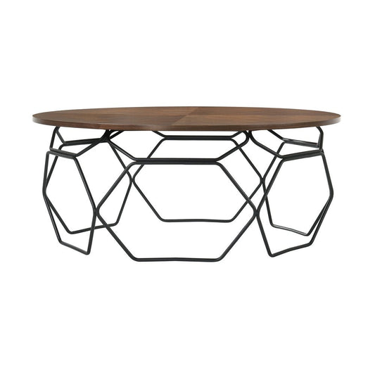 36" Brown And Black Solid Wood And Metal Round Coffee Table HomeRoots