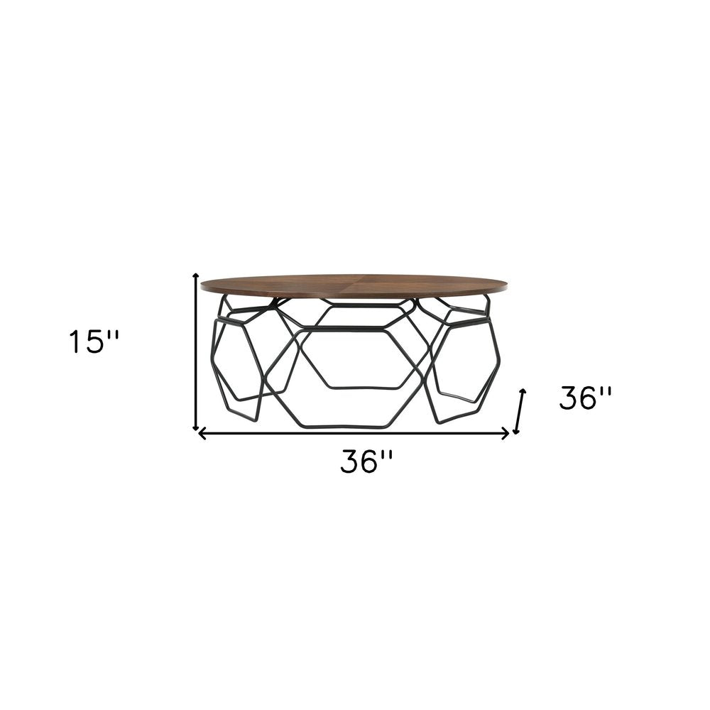 36" Brown And Black Solid Wood And Metal Round Coffee Table HomeRoots