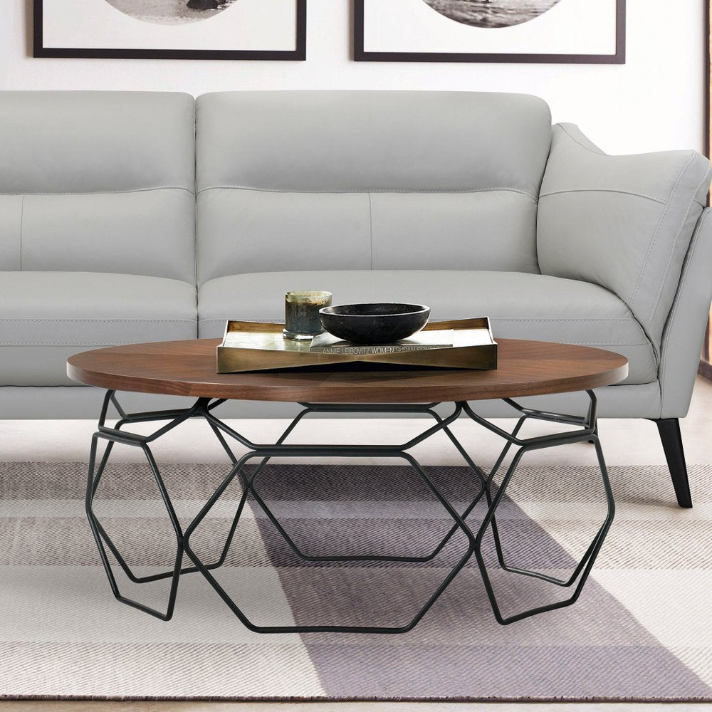 36" Brown And Black Solid Wood And Metal Round Coffee Table HomeRoots