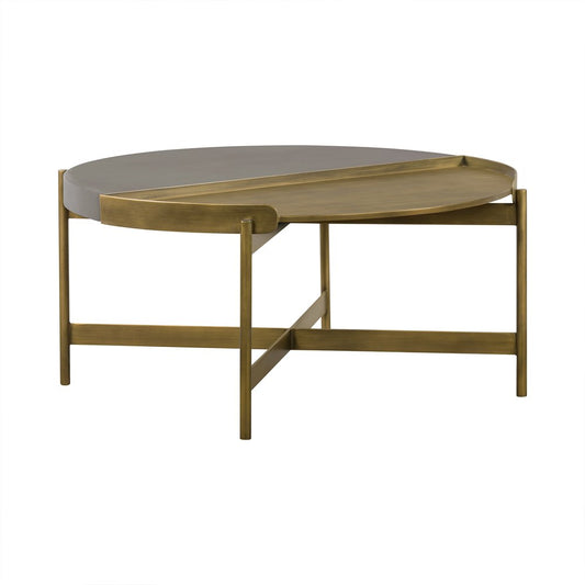 32" Gray And Brass Concrete And Metal Round Coffee Table HomeRoots