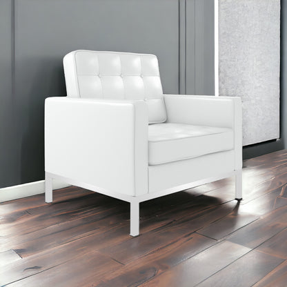 31" White And Silver Italian Leather Tufted Arm Chair - FurniFindUSA