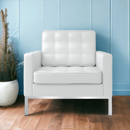 31" White And Silver Italian Leather Tufted Arm Chair - FurniFindUSA