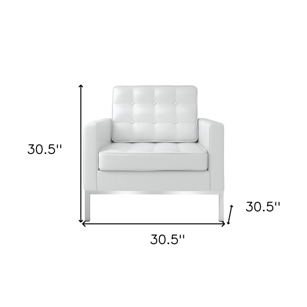 31" White and Silver Italian Leather Tufted Club Chair HomeRoots