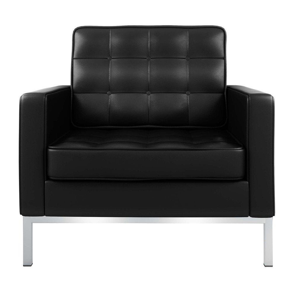 31" Black and Silver Italian Leather Tufted Club Chair HomeRoots