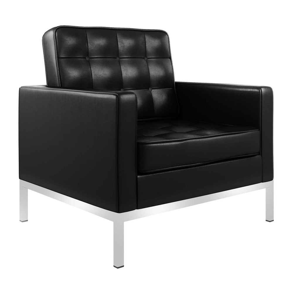 31" Black and Silver Italian Leather Tufted Club Chair HomeRoots