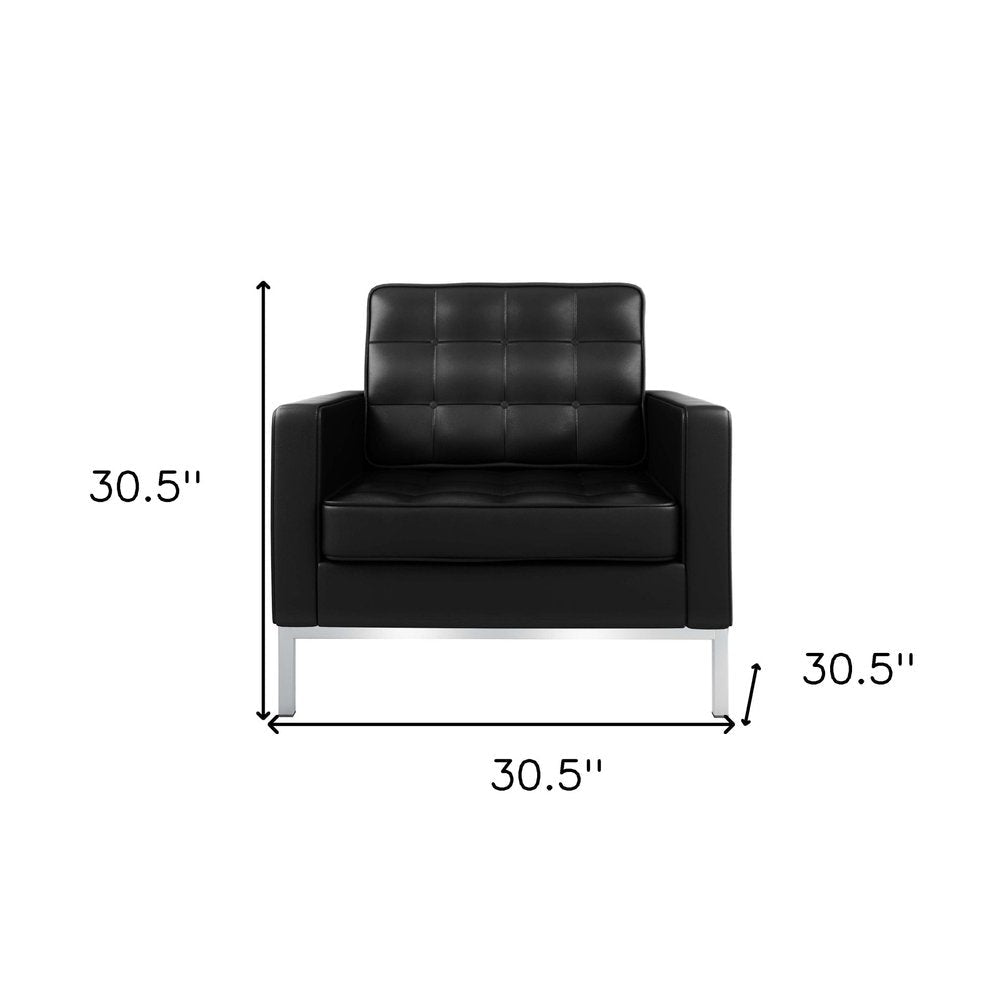 31" Black and Silver Italian Leather Tufted Club Chair HomeRoots
