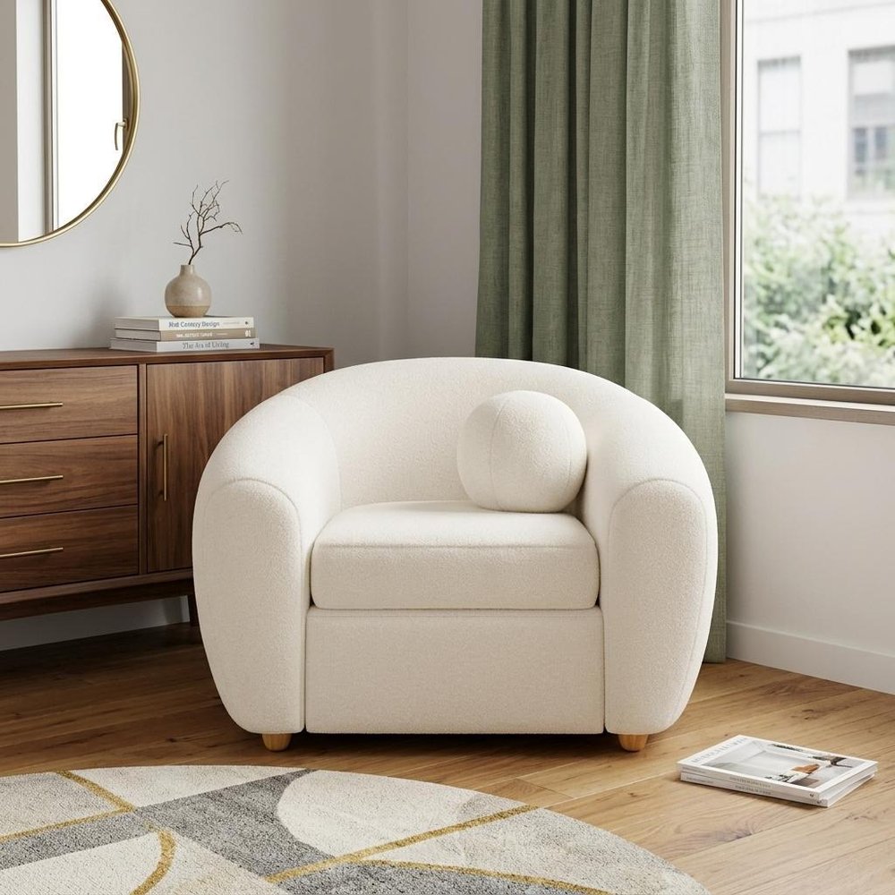 39" White and Natural Boucle Arm Chair HomeRoots