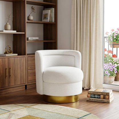 28" White and Gold Boucle Swivel Barrel Chair HomeRoots