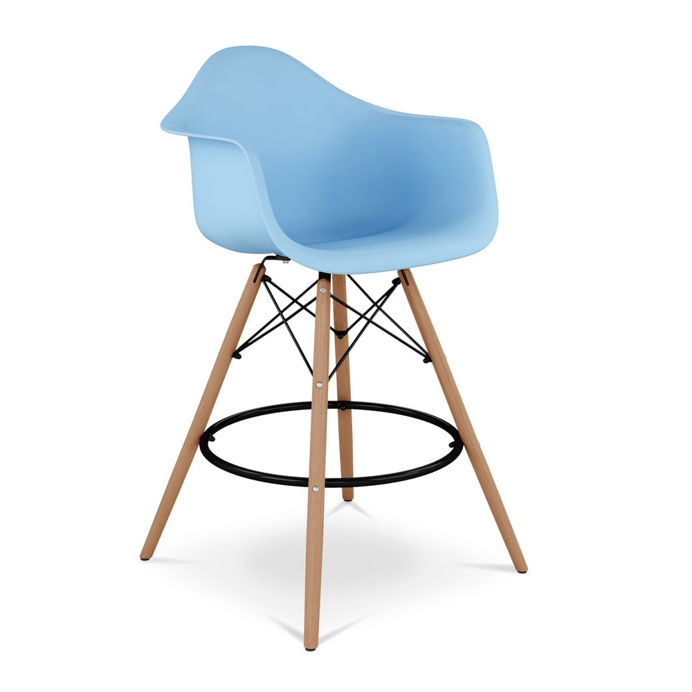 28" Light Blue And Brown Heavy Duty Plastic And Solid Wood Low Back Counter Height Bar Chair HomeRoots