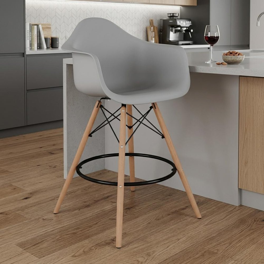 28" Gray And Brown Heavy Duty Plastic And Solid Wood Low Back Counter Height Bar Chair HomeRoots