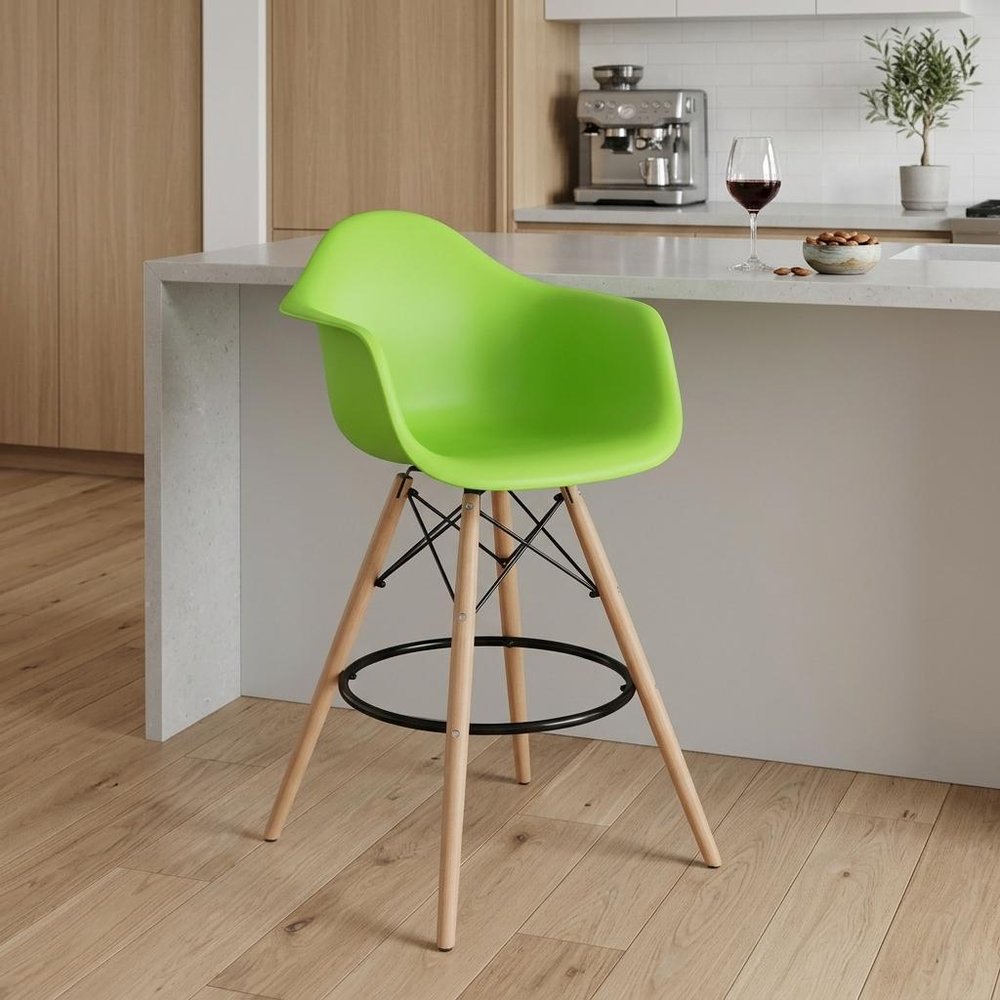 28" Green And Brown Heavy Duty Plastic And Solid Wood Low Back Counter Height Bar Chair HomeRoots