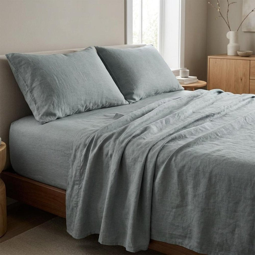 Four Piece Blue Linen Twin Sheet Set HomeRoots
