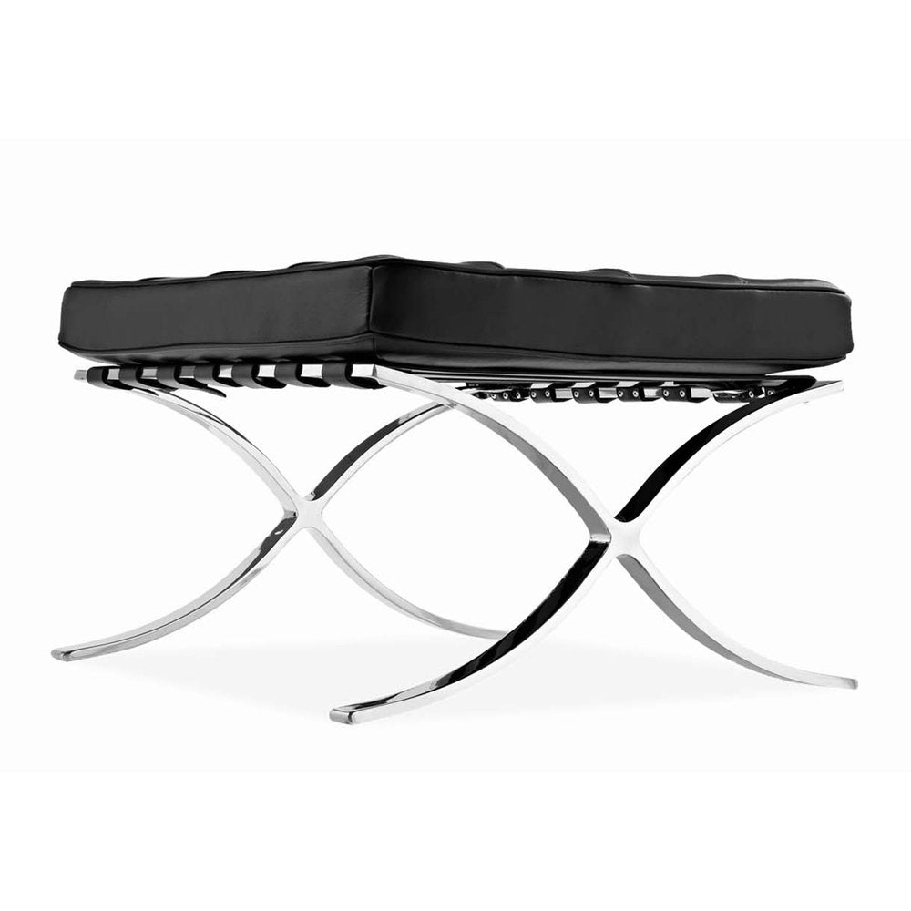 24" Black Genuine Leather and Silver Tufted Footstool Ottoman HomeRoots