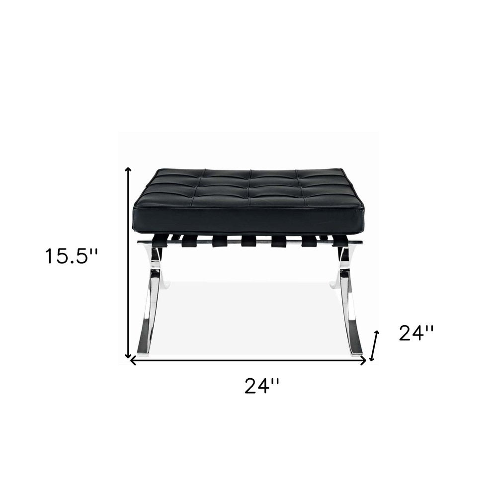 24" Black Genuine Leather and Silver Tufted Footstool Ottoman HomeRoots