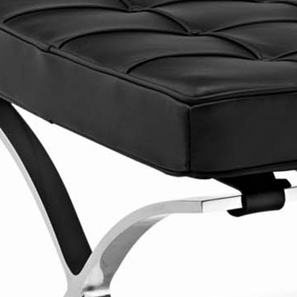 24" Black Genuine Leather and Silver Tufted Footstool Ottoman HomeRoots