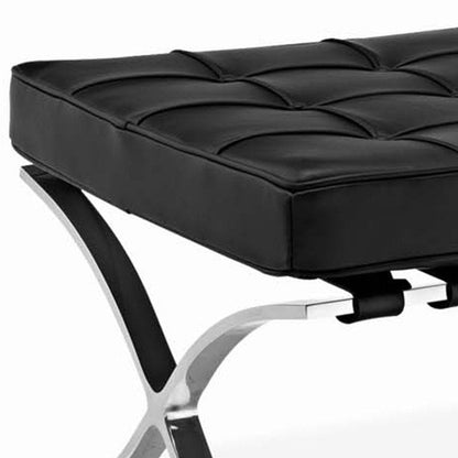 24" Black Genuine Leather and Silver Tufted Footstool Ottoman HomeRoots