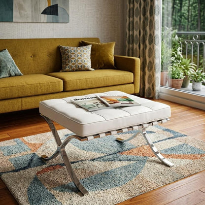 24" White Genuine Leather and Silver Tufted Footstool Ottoman HomeRoots