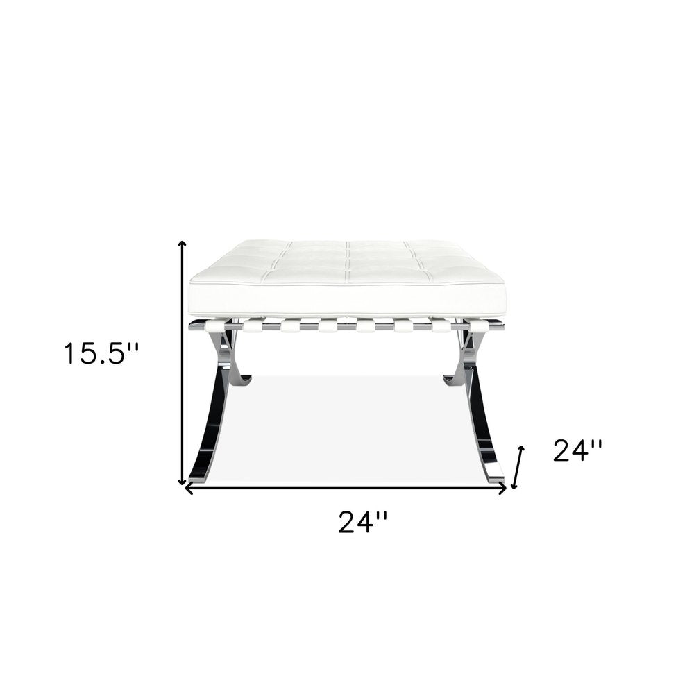 24" White Genuine Leather and Silver Tufted Footstool Ottoman HomeRoots