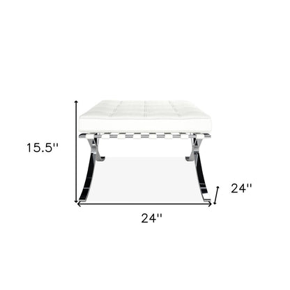 24" White Genuine Leather and Silver Tufted Footstool Ottoman HomeRoots