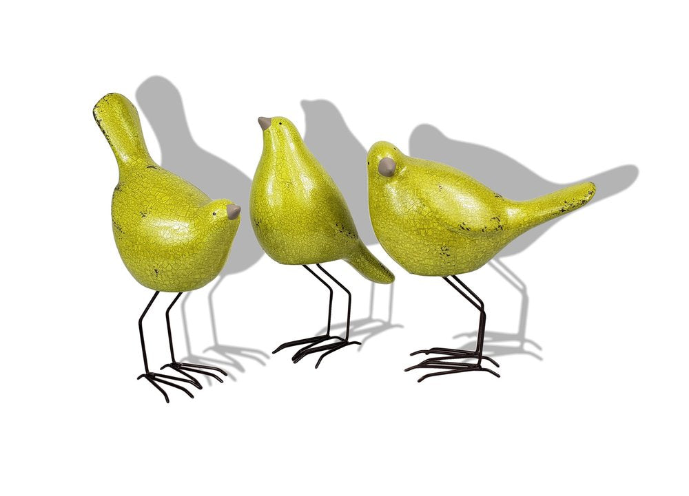 Set of Three Lemongrass Green Polyresin and Metal Bird Sculptures HomeRoots