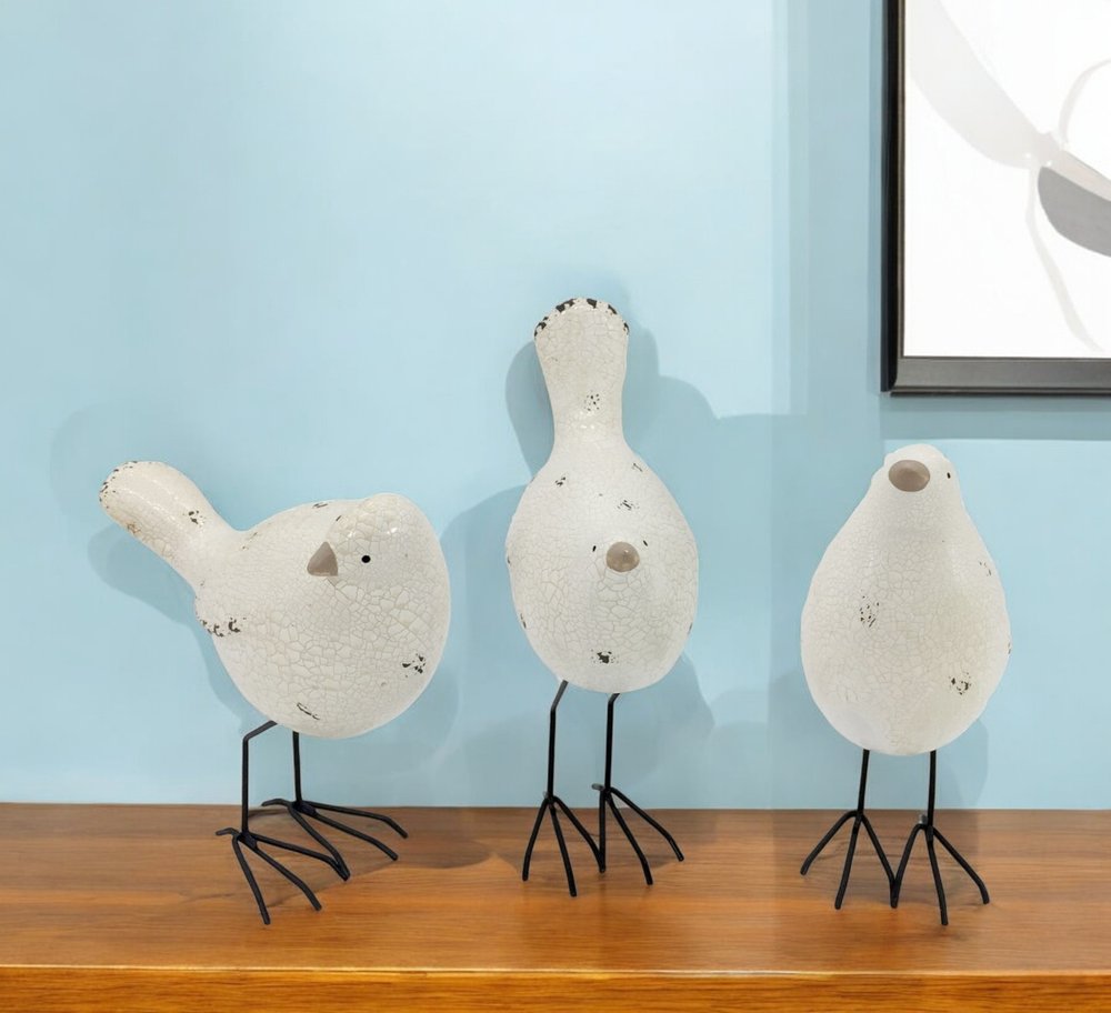 Set of Three Black and White Fabric Bird Statue Tabletop Sculpture HomeRoots