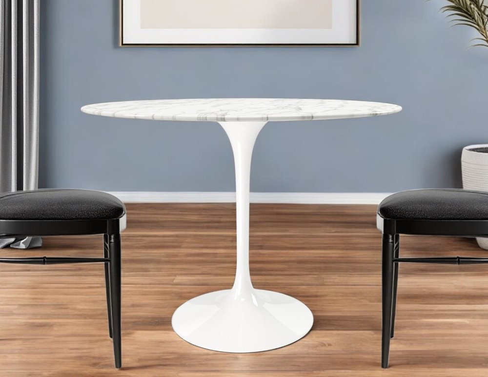 40" White Rounded Stone And Metal Pedestal Base Dining Table HomeRoots