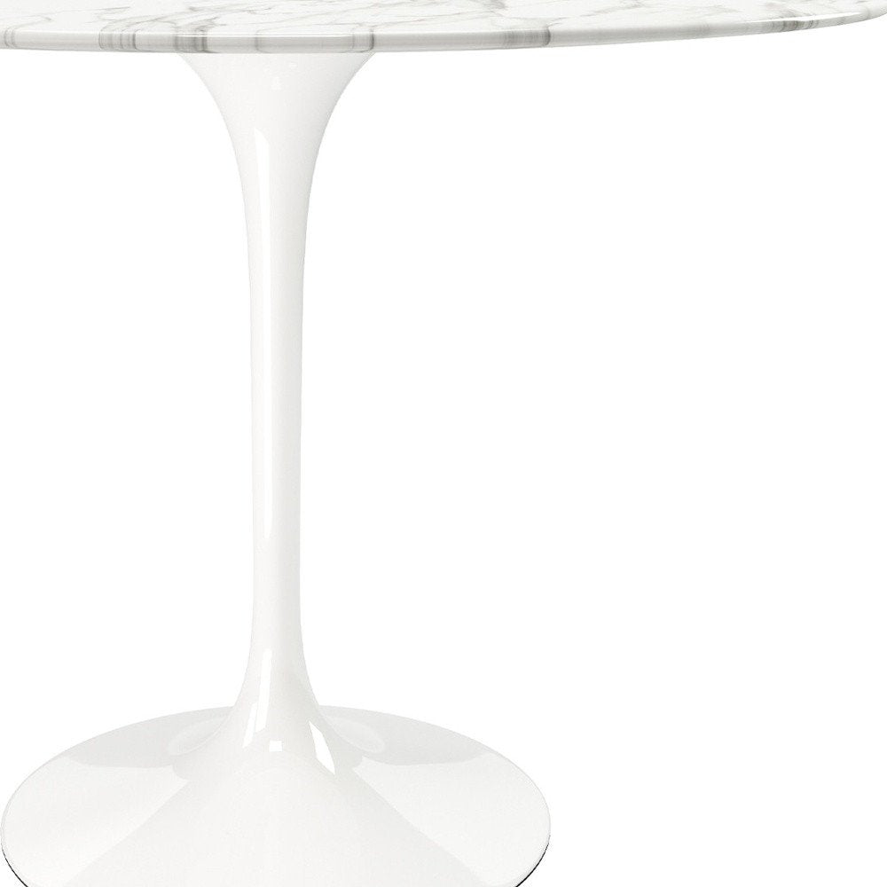 40" White Rounded Stone And Metal Pedestal Base Dining Table HomeRoots