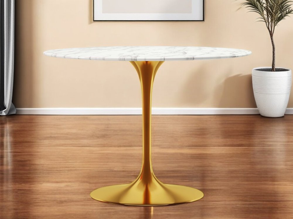 40" White And Gold Rounded Marble And Metal Pedestal Base Dining Table HomeRoots