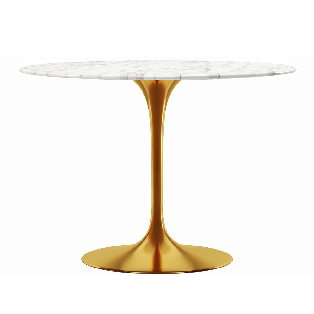 40" White And Gold Rounded Marble And Metal Pedestal Base Dining Table HomeRoots