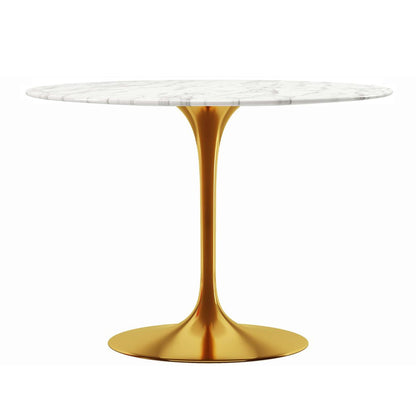 40" White And Gold Rounded Marble And Metal Pedestal Base Dining Table HomeRoots