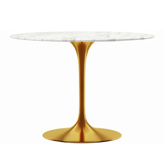 40" White And Gold Rounded Marble And Metal Pedestal Base Dining Table HomeRoots