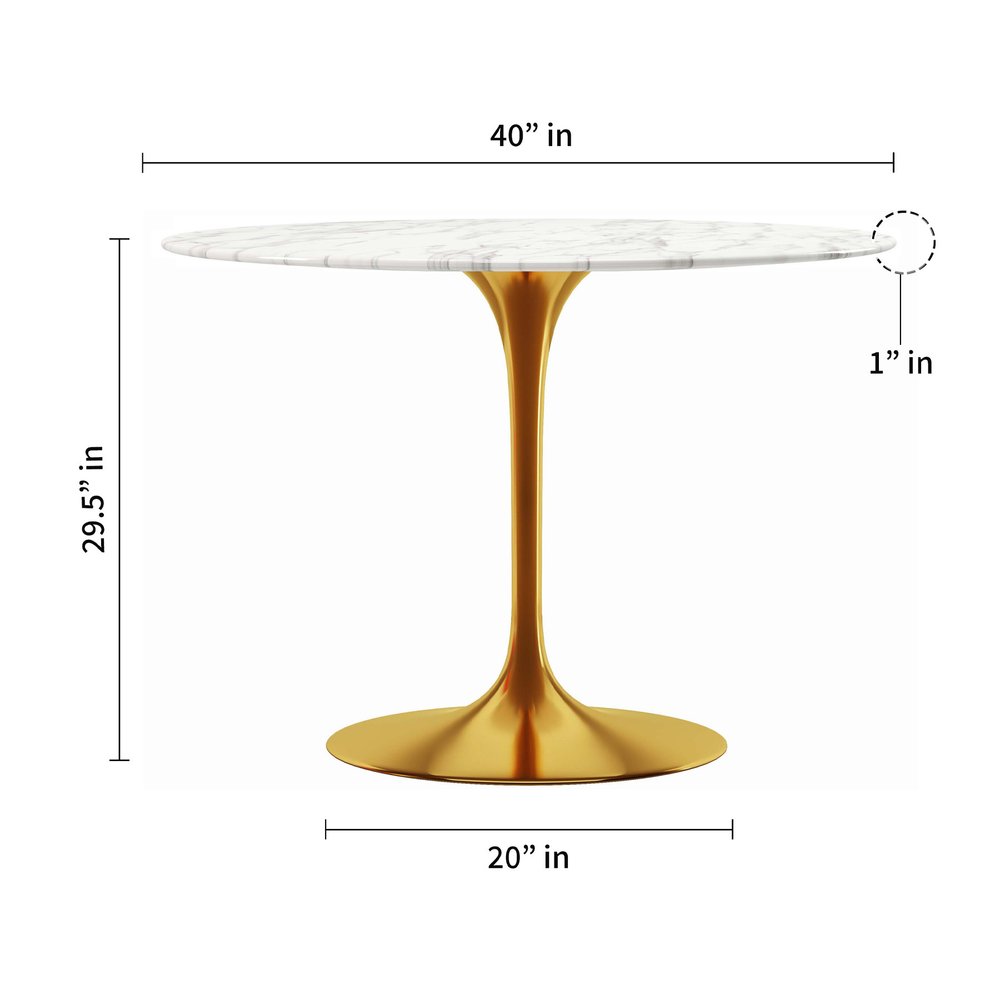 40" White And Gold Rounded Marble And Metal Pedestal Base Dining Table HomeRoots
