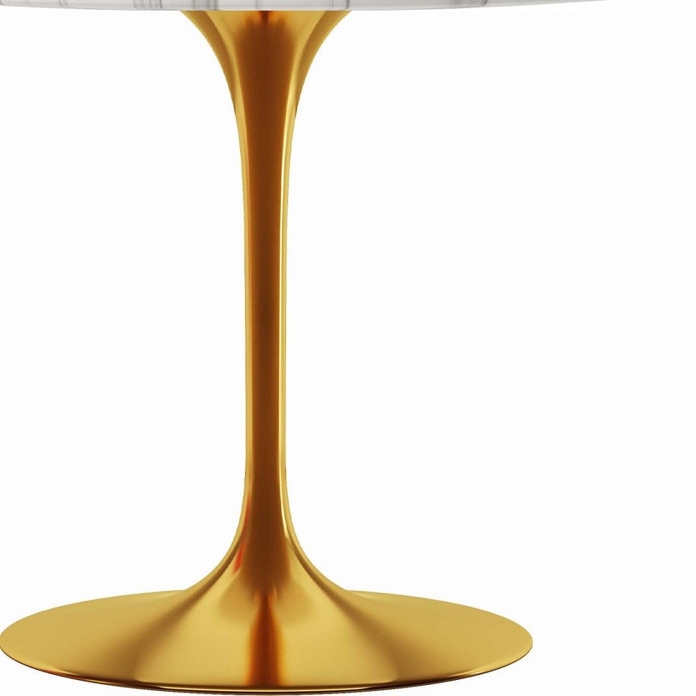 40" White And Gold Rounded Marble And Metal Pedestal Base Dining Table HomeRoots