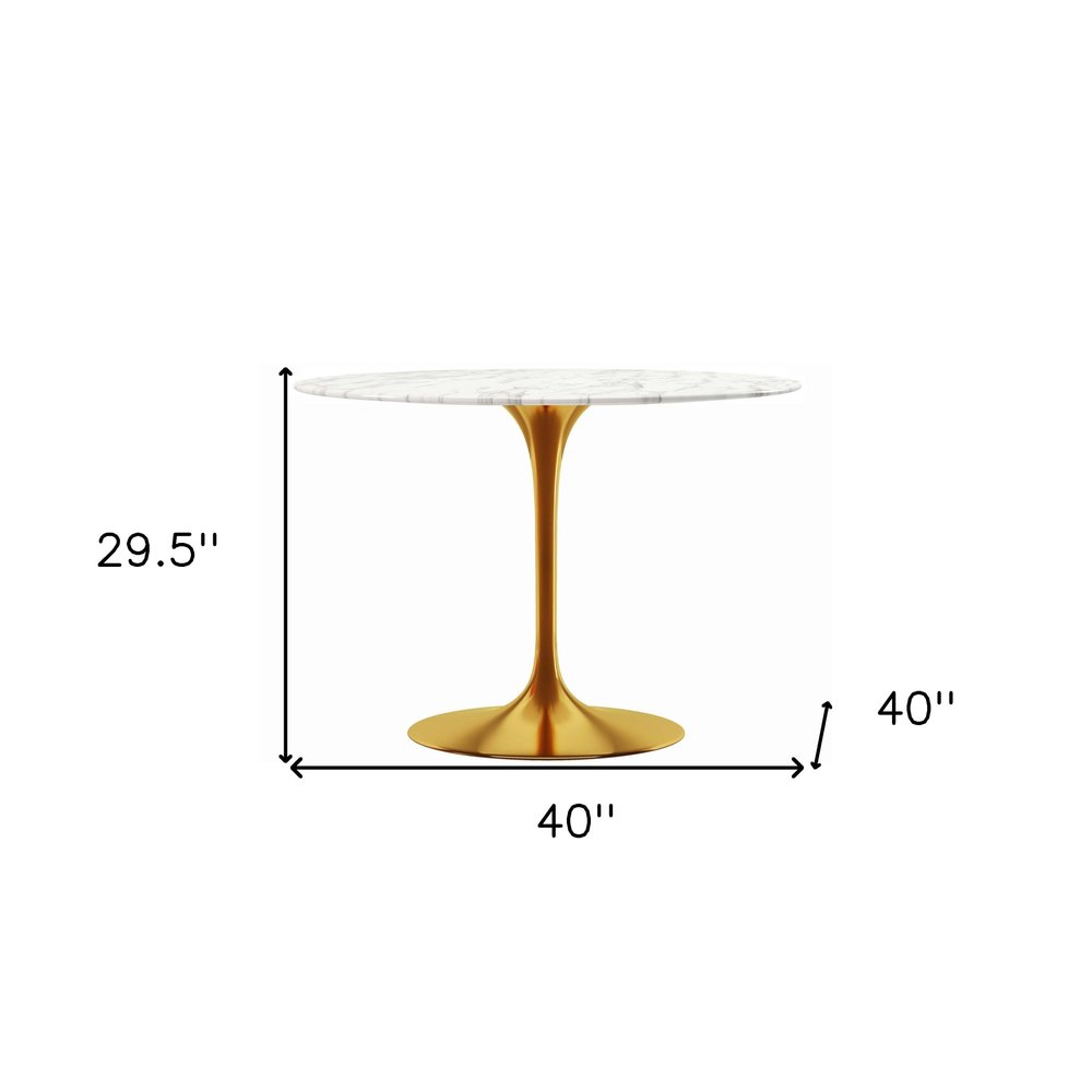 40" White And Gold Rounded Marble And Metal Pedestal Base Dining Table HomeRoots
