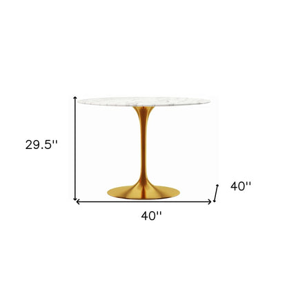 40" White And Gold Rounded Marble And Metal Pedestal Base Dining Table HomeRoots