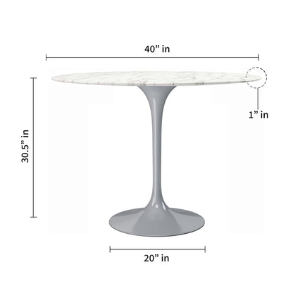 40" White And Gray Rounded Marble And Metal Pedestal Base Dining Table