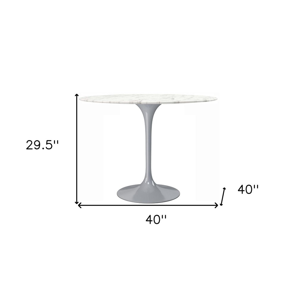 40" White And Gray Rounded Marble And Metal Pedestal Base Dining Table HomeRoots