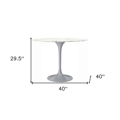 40" White And Gray Rounded Marble And Metal Pedestal Base Dining Table HomeRoots