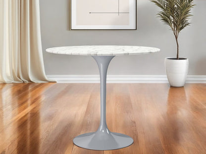 40" White And Gray Rounded Marble And Metal Pedestal Base Dining Table HomeRoots