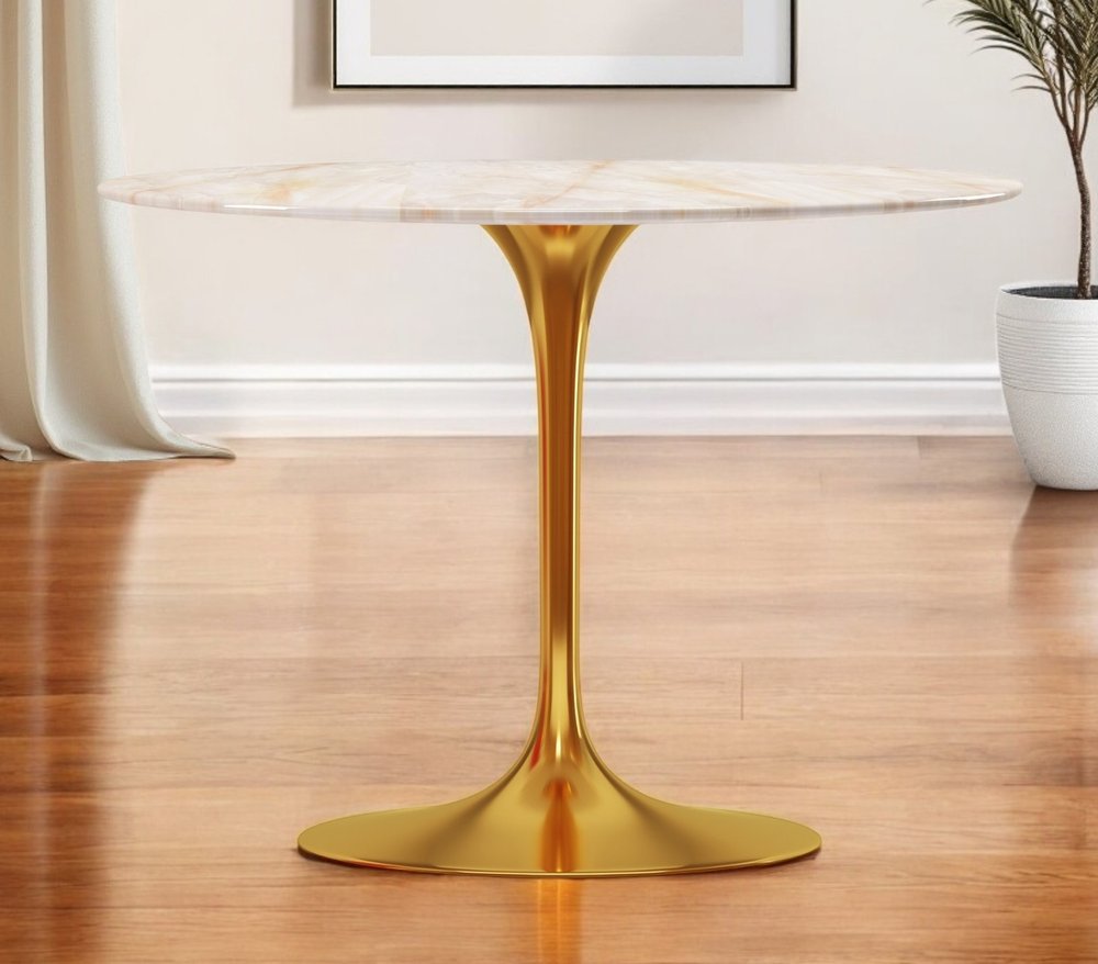 40" White And Gold Rounded Stone And Metal Pedestal Base Dining Table HomeRoots
