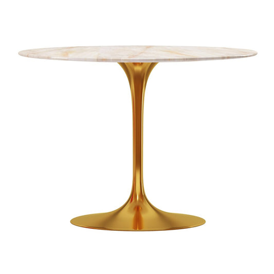 40" White And Gold Rounded Stone And Metal Pedestal Base Dining Table HomeRoots