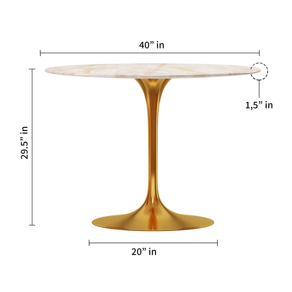 40" White And Gold Rounded Stone And Metal Pedestal Base Dining Table HomeRoots